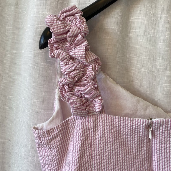 Lilly Pulitzer Vivienne Ruffle One Shoulder Dress Pink And Whir Seersucker Sz 4 - Picture 10 of 13